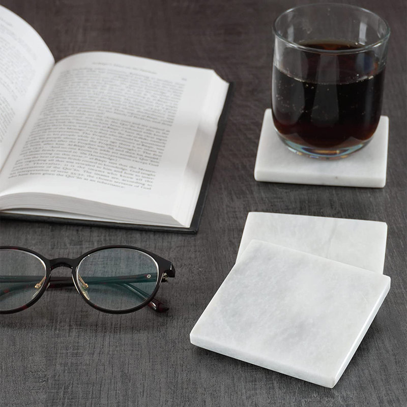 Sous-verres carrés faits à la main en marbre blanc, Blanc