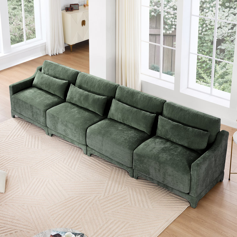 141.7" Chenille Upholstered Pillow-Top Arm Sofa Couch, 4, Green