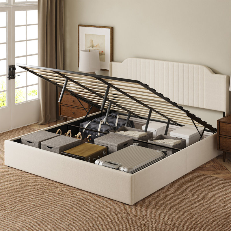 Lizette 80.5" Hydraulic Lift Up Storage Upholstered Platform Bed with Wingback Headboard, White