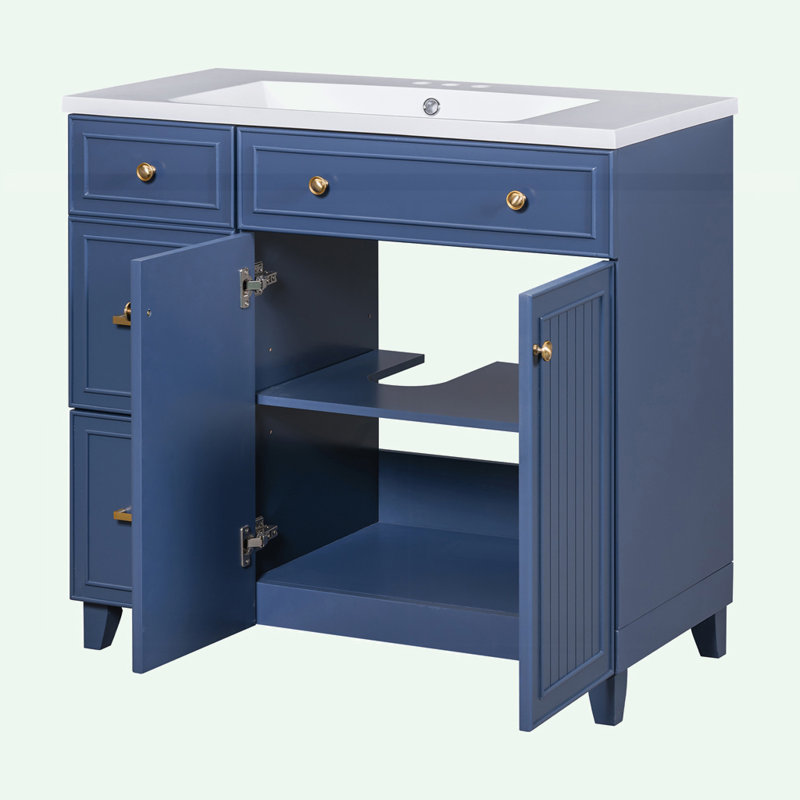 Armoire de salle de bain de style transitionnel avec lavabo en résine, Bleu