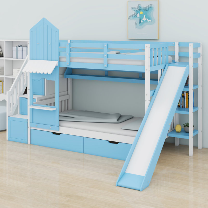 Lit superposé de style château avec 2 tiroirs, 3 tablettes et glissade, Bleu