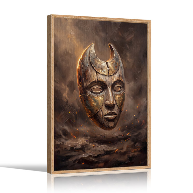 Masque à cornes en bronze avec braises incandescentes - Décoration murale sur toile pour l'Halloween, 48"H x 36"W