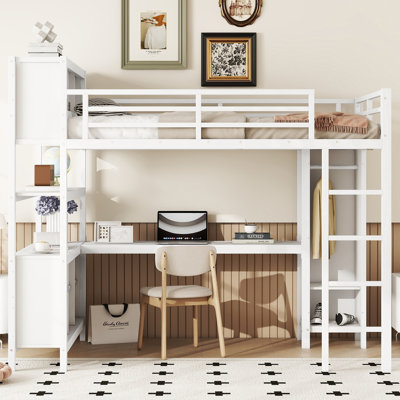Lit mezzanine double en métal avec garde-robe, bureau en L et tablettes de rangement, lit mezzanine robuste pour adolescents et adultes, blanc