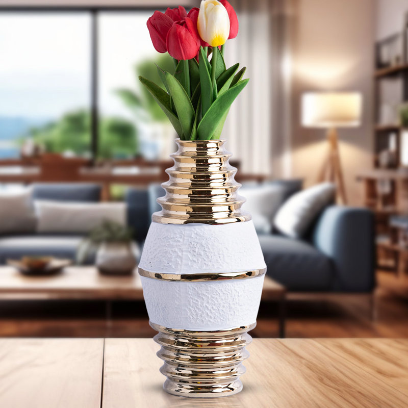 Mazvita Modern White Ceramic Vase 28 cm With Golden Rims For Chic Decor