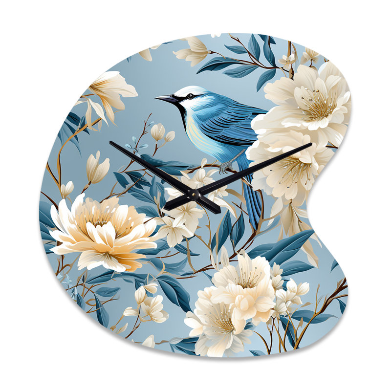 Oiseau blanc et bleu floral Serenade IV - horloge murale de forme irrégulière, Grand