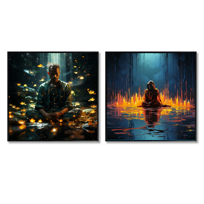 Mindful Moments Meditation - Ensemble de 2 collages carrés de méditation, Cadre flottant noir, H 30 po x l 61 po