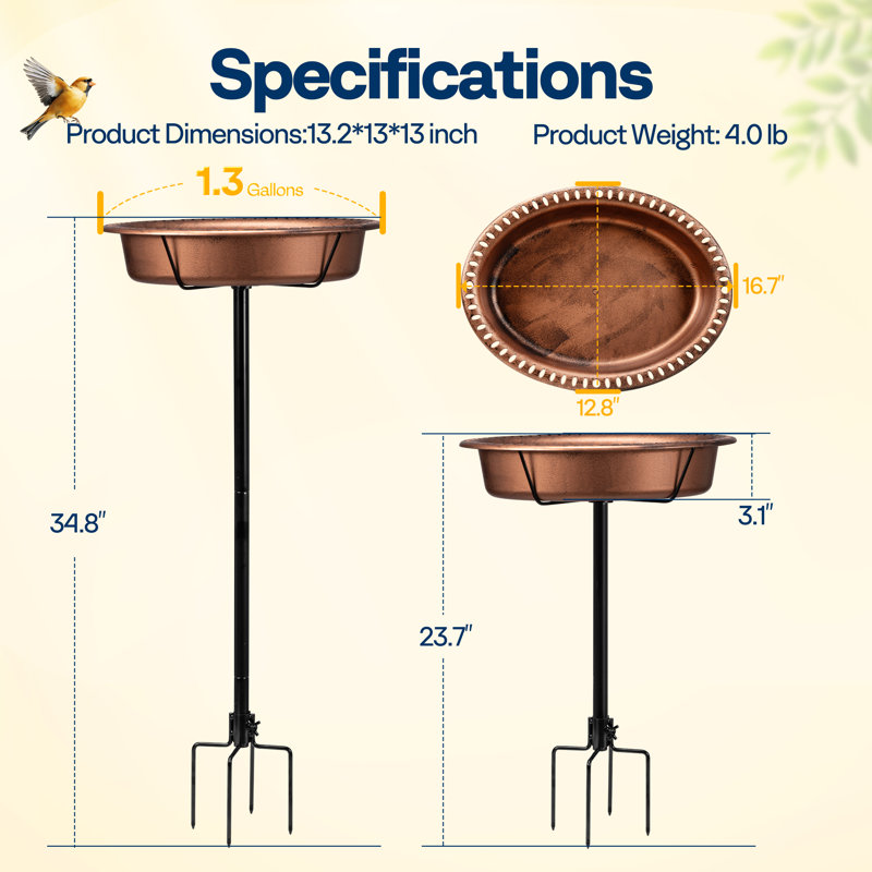 Redwan Oval Polyresin Bird Bath Bowl with Metal Stake , Brown