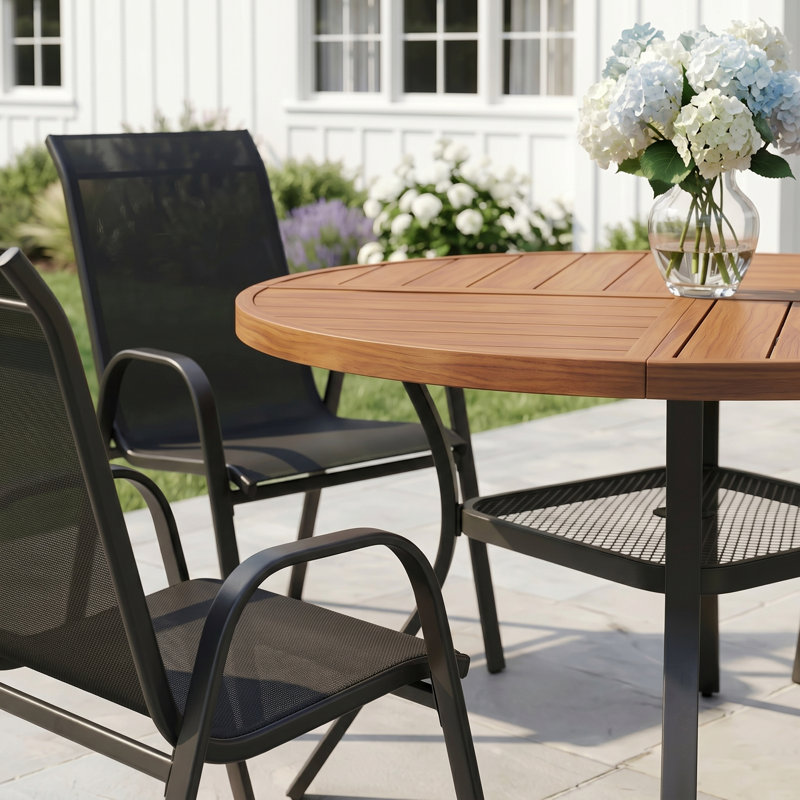 4-Person Round Patio Dining Set With Stackable Textilene Chairs, Brush Wood Brown/Black
