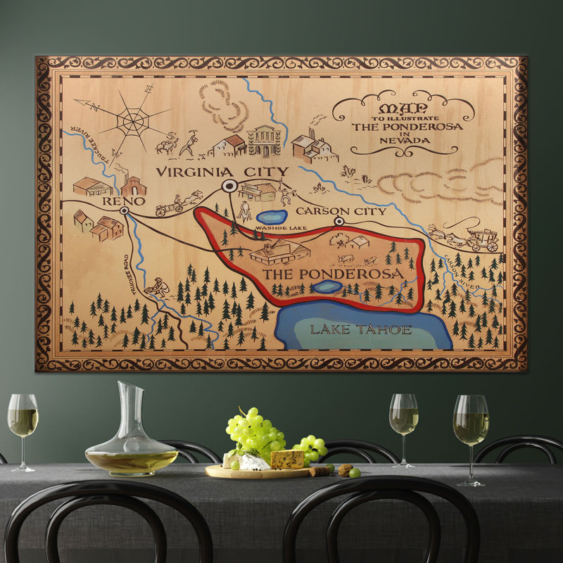 Carte rétro de la Ponderosa Nevada, œuvre d'art sur toile blanche encadrée 1P, 39,4 po H x 63,1 po l
