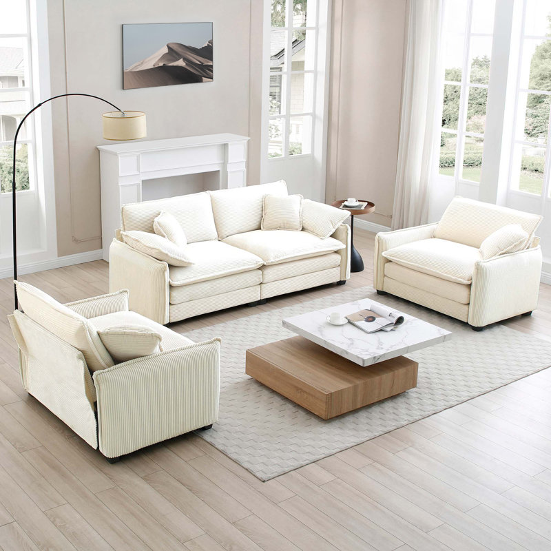 Living Room Set, Corduroy Sofa, For Living Room, White