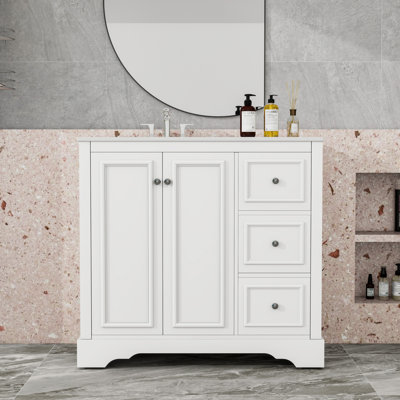 Meuble-lavabo autoportant élégant avec lavabo en céramique, portes à fermeture en douceur et rangement réglable