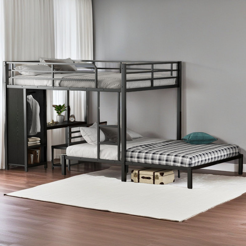 Queen Over Queen Size Bunk Bed Frame With Built-In Wardrobe, Metal Bunk Bed With Desk And Storage Chairs, Black