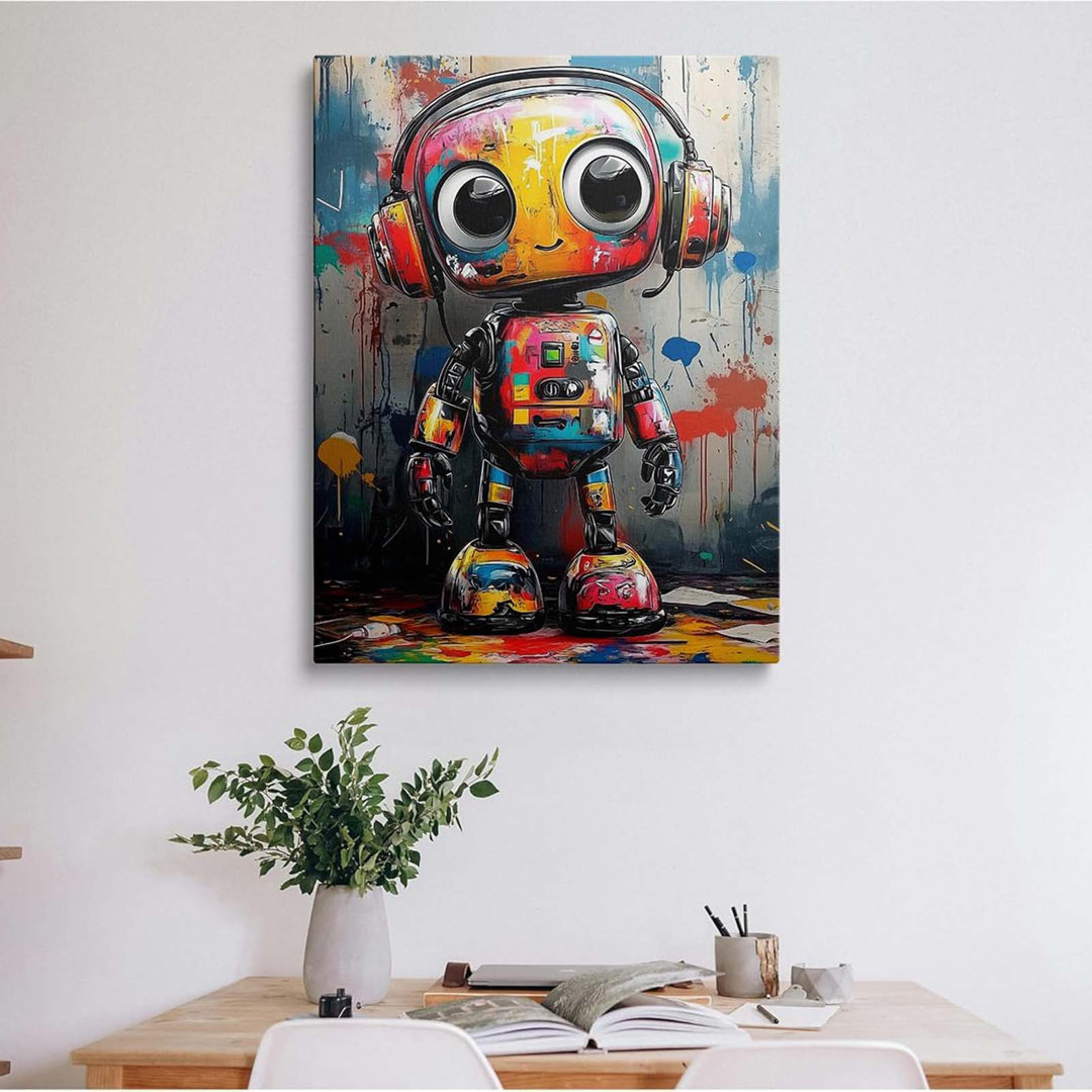 Cute Modern Colorful Banksy Picture Wall Decor Framed Cool Colorful Graffiti Robot Canvas Wall Art Pop Prints Poster Funny Urban Contemporary Painting