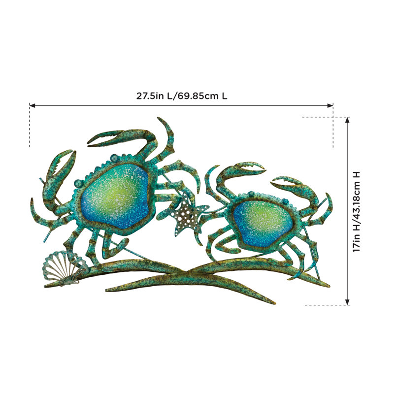 27.5" Blue and Green Metal and Glass Coastal Crab Wall Decor