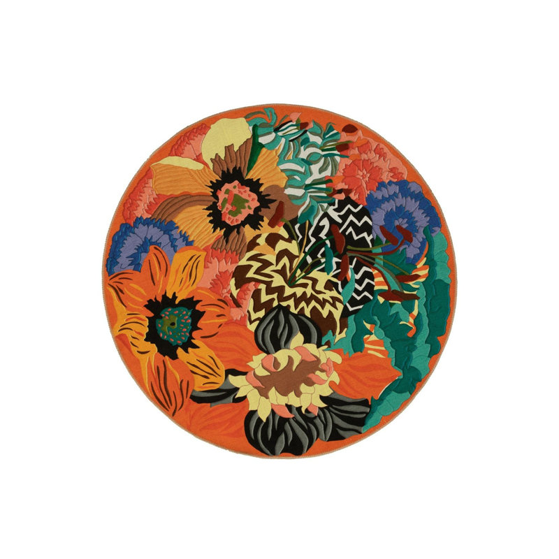 Tapis rond lavable à motif floral, Rond 3 pi 11 po