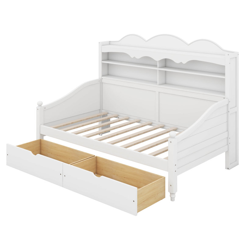 Lit de jour simple avec tiroirs de rangement et étagère de tête de lit, structure de lit de jour rétro en bois, White