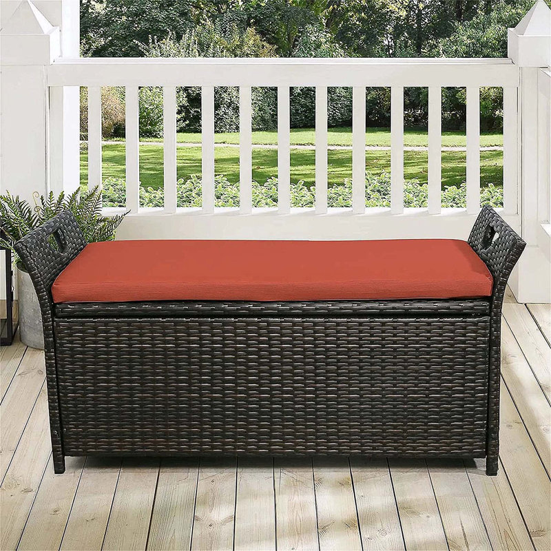 Banc de rangement pour l'extérieur en rotin, Noir / rouge