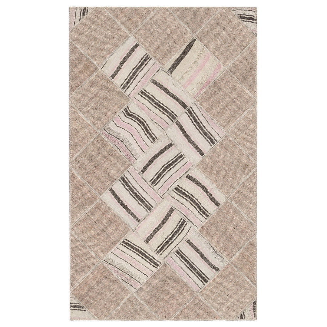 Teselya Beige Striped Wool Handmade Area Rug