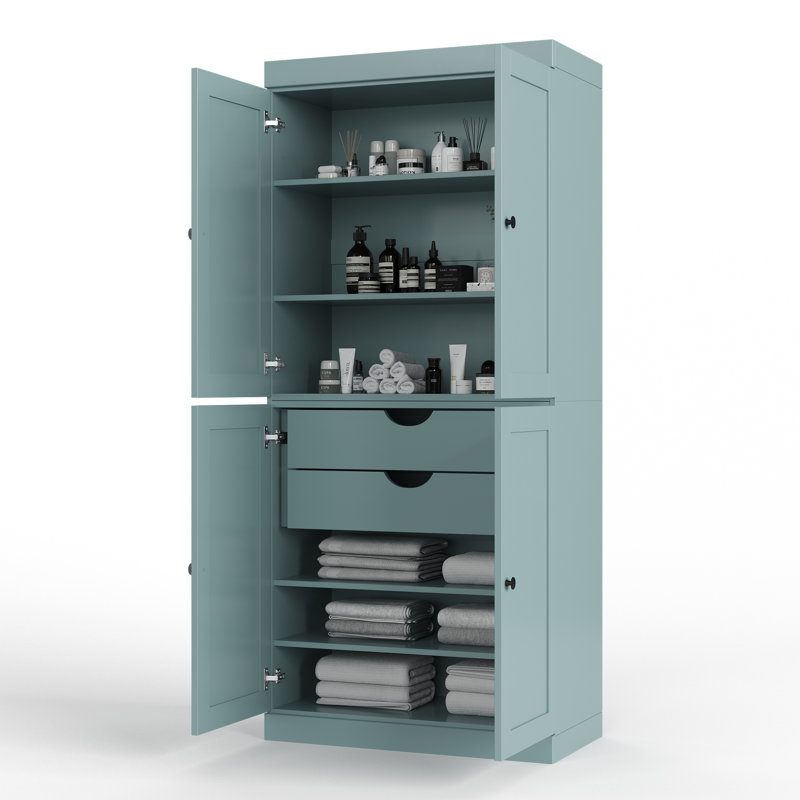 Armoire de rangement 100% bois massif 32 po avec portes Shaker, 2 tiroirs et tablettes réglables, Bleu aqua