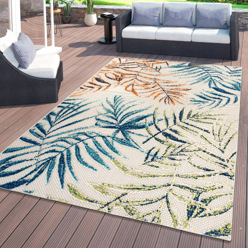 Tapis intérieur / extérieur à motif floral orange / ivoire / bleu Onley Palm Frond, Rectangle 5 pi x 7 pi