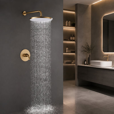 12" Wall-Mount Rain Shower System with Solid Brass Valve, Single Handle Control - Brushed Gold