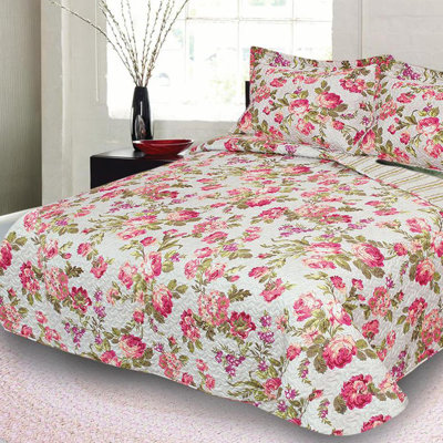 Ensemble de courtepointe réversible en mélange de coton rose / vert 3 pièces 