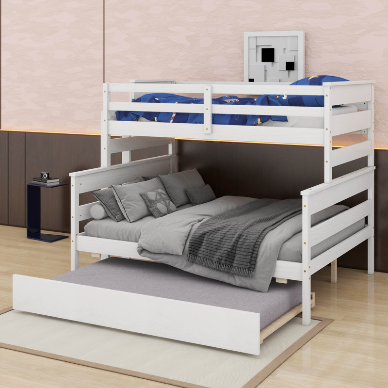 Lit superposé simple au-dessus d'un lit double avec lit gigogne en bois, Blanc