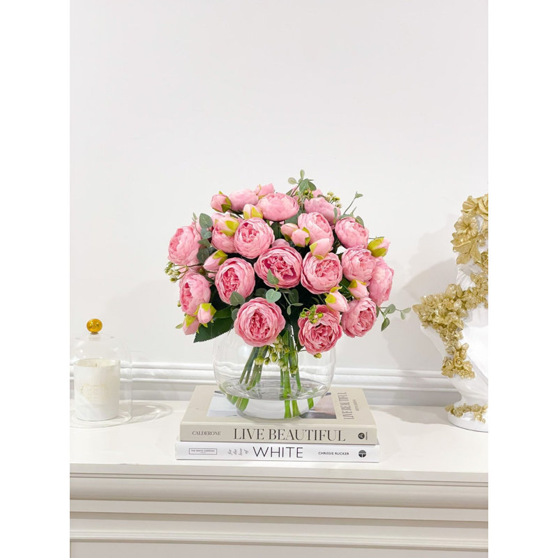 White Peony Faux Centerpiece In Glass Vase, Pink