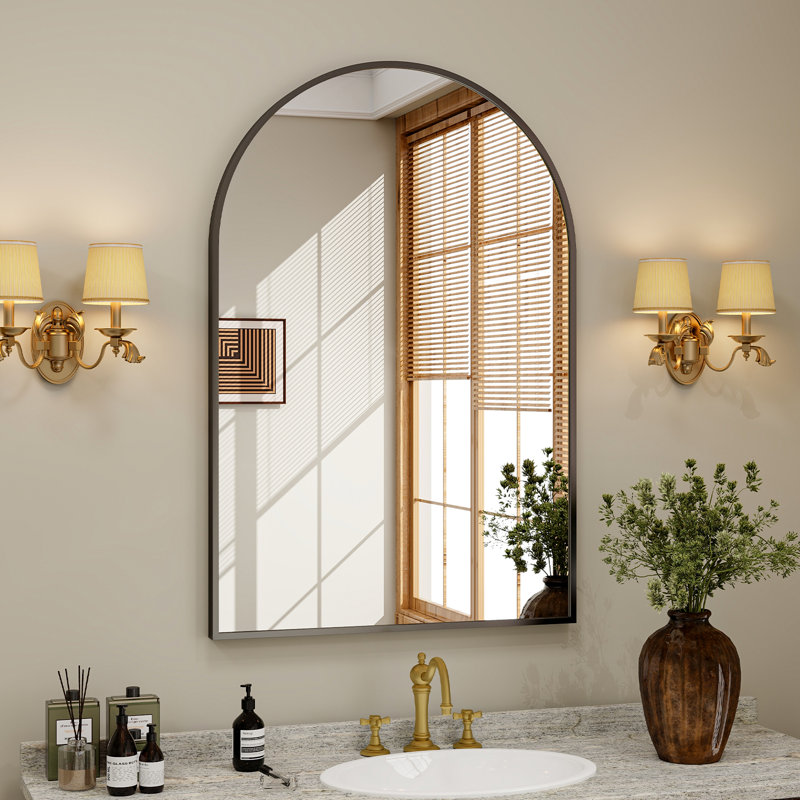 Lilaram Arched Metal Framed Wall Mirror Bathroom Mirror, 91.4cm H x 61cm W, Black