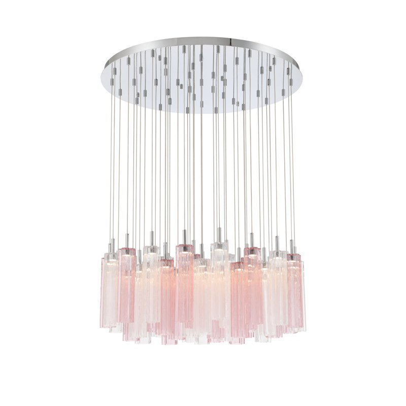 Luminaire suspendu à DEL 36 po Delaney, H 196,5 po x l 36 po x P 36 po, Rose / transparent, Chrome poli