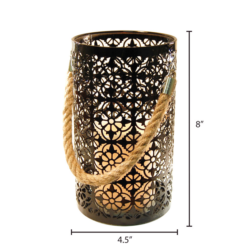 Black Jacquard Metal Hanging Tabletop Lantern with LED Candle