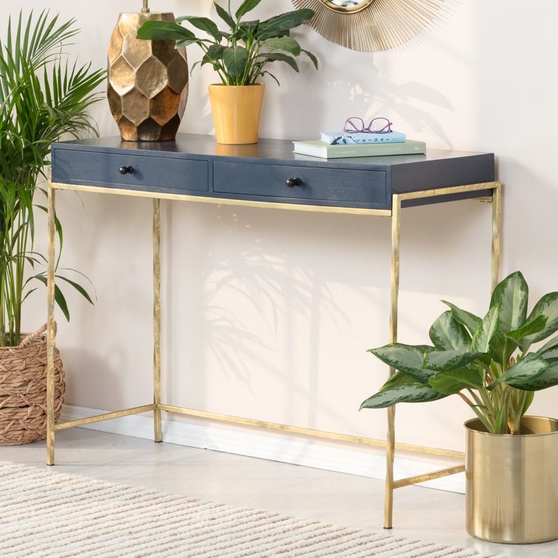 Navy Blue and Gold Wood Console Table with Storage