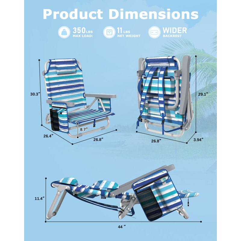 Chaise de plage à dossier inclinable, chaises de plage pliantes portatives avec 5 positions réglables, glacière intégrée et sangles de sac à dos
