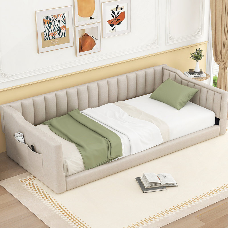 Lit de jour simple rembourré de taille très grande avec pochette de rangement latérale, beige (heure d’arrivée prévue: 1,7)