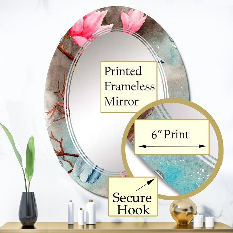 Un corbeau sur les branches de magnolia avec des fleurs - miroir mural traditionnel ovale, 36 po x 24 po