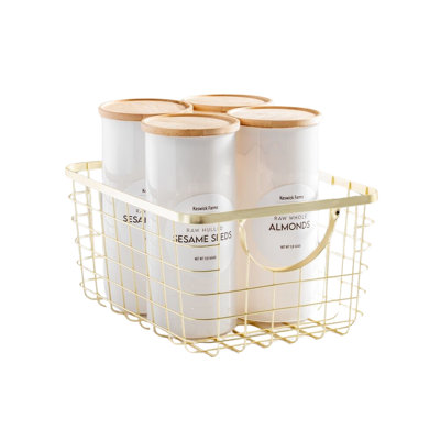Wire Storage Basket with Handles - Metal Storage Baskets for Shelving - Soft Brass