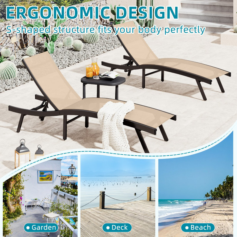 2 PCS All Weather Pool Lounge Chairs Ergonomic Design With Adjustable Backrest, Beige