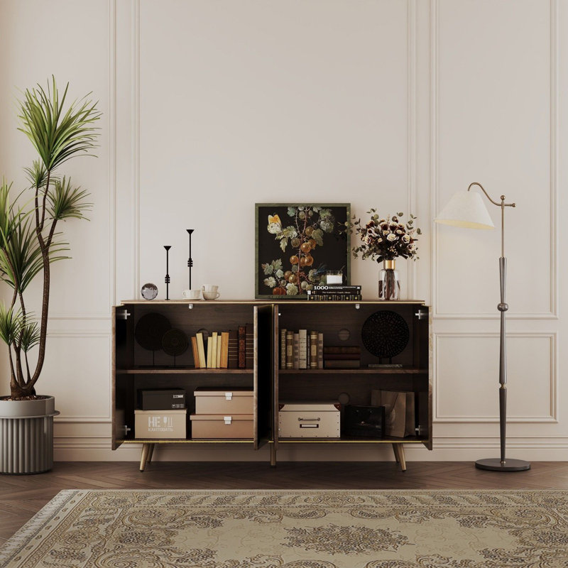 4 Door Sideboard Buffet Cabinet with Raised Shaped and Geometric Line Texture Door Panel, Brown