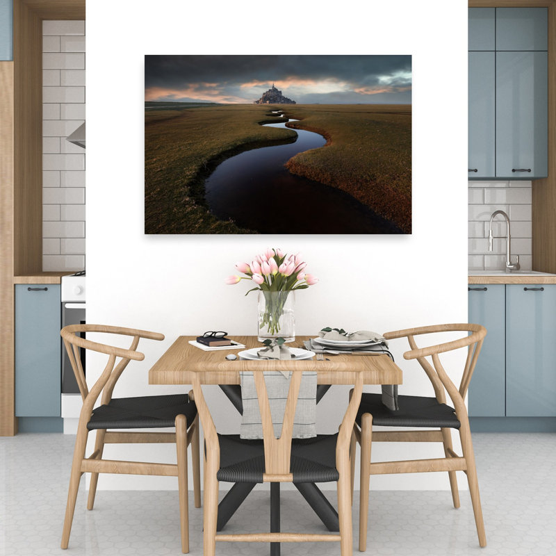 «Dramatic Mont Saint-Michel River», impression d'art abstrait paysage mural, 32" H x 48" W