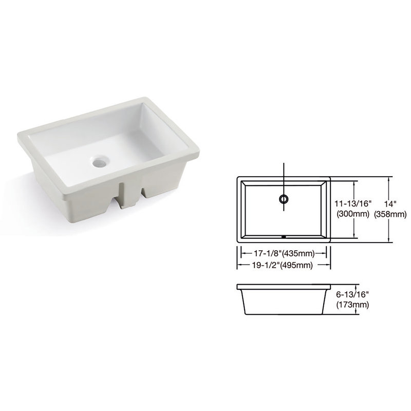 19.5 Inch White Ceramic Rectangular Undermount Bathroom Sink