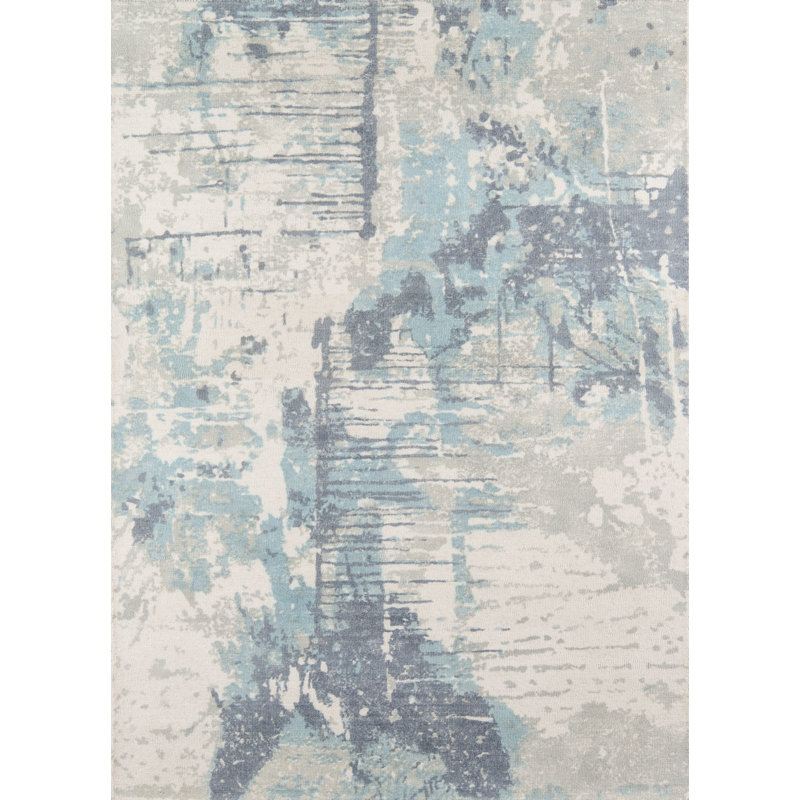 Tapis bleu en laine touffeté à la main Mamedov, Rectangle 7 pi 6 po x 9 pi 6 po