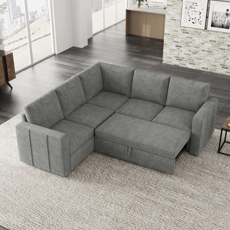 Aubade Storage L-Shaped Modular Sofa Set With Pull-Out Sofa Bed, Light Gray Chenille