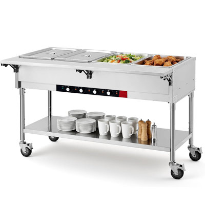 Chauffe-plat commercial à 5 casseroles avec 2 pots à soupe, chauffe-plat électrique de 1800 W avec fabrication en acier inoxydable, protège-éternuement, roues et dessous pour la restauration, les restaurants et les hôtels