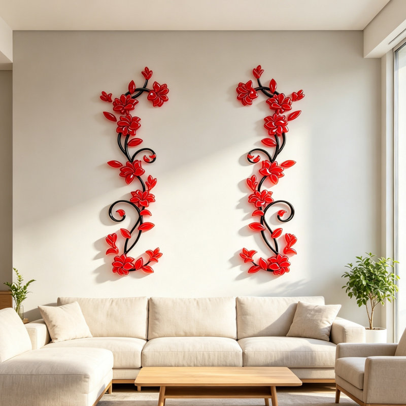 Autocollant mural 2 pièces acrylique en cristal 3D Rose Vine, art mural décoratif pour fond de canapé de chambre à coucher, branche noire avec fleur rose rouge
