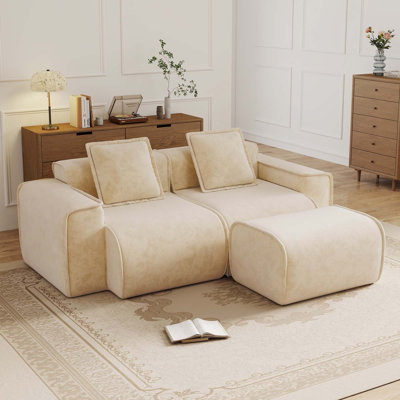 Streamlined Design Modular 2-Seat Boneless Velvet Sectional Sofa with French Edge Piping & 1 Ottoman, No Assembly Required