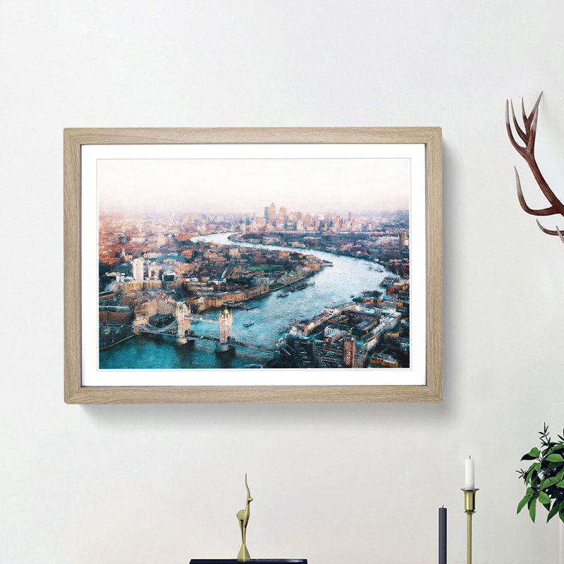 River Thames and London Skyline - Framed Print, 62cm H x 87cm W x 2cm D, Oak Framed