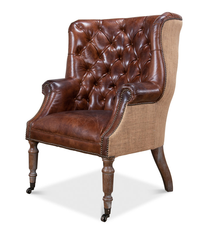 Welsh Tufted Wingback Chair, Vintage Cigar Genuine Leather