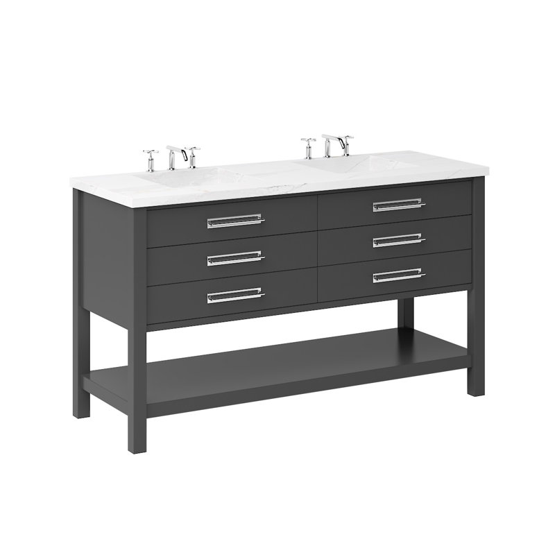 Meuble-lavabo double tiroir Kiawah, Noir cassé, Chrome poli, 60"