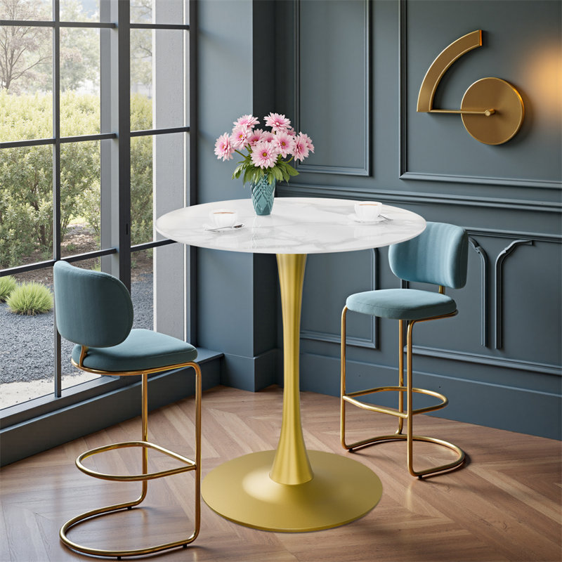 Table bistro de cuisine ronde avec plateau en pierre frittée, H 30,9 po x l 30,9 po x P 33,66 po, Blanc, Doré