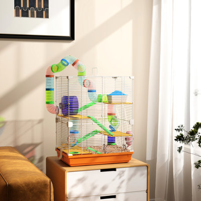 Orange 5 Tier Gerbil Cage With Tubes, Tunnels, Portable Handle, Food Dish, Water Bottle, Exercise Wheel For Smaller Animals 18" Hamster , Carry Orange, Constituted Small Hamsters And